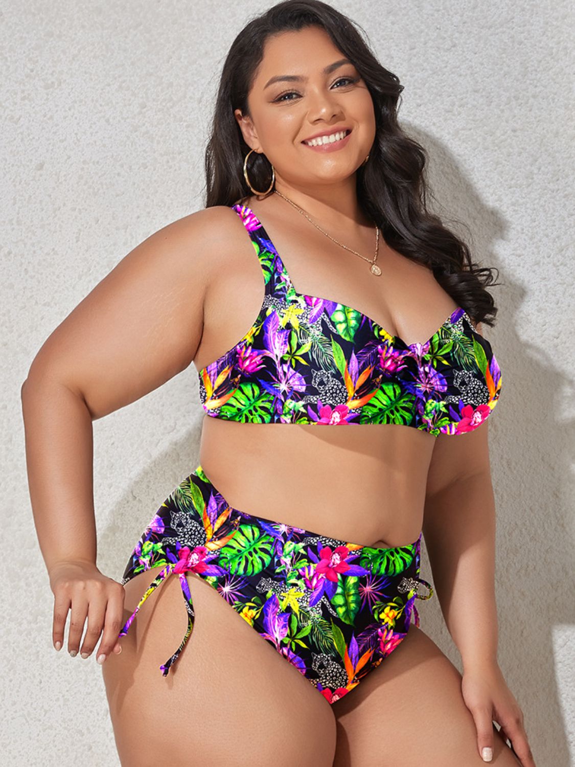 Plus Size Printed Drawstring Detail Bikini Set - NawdeX