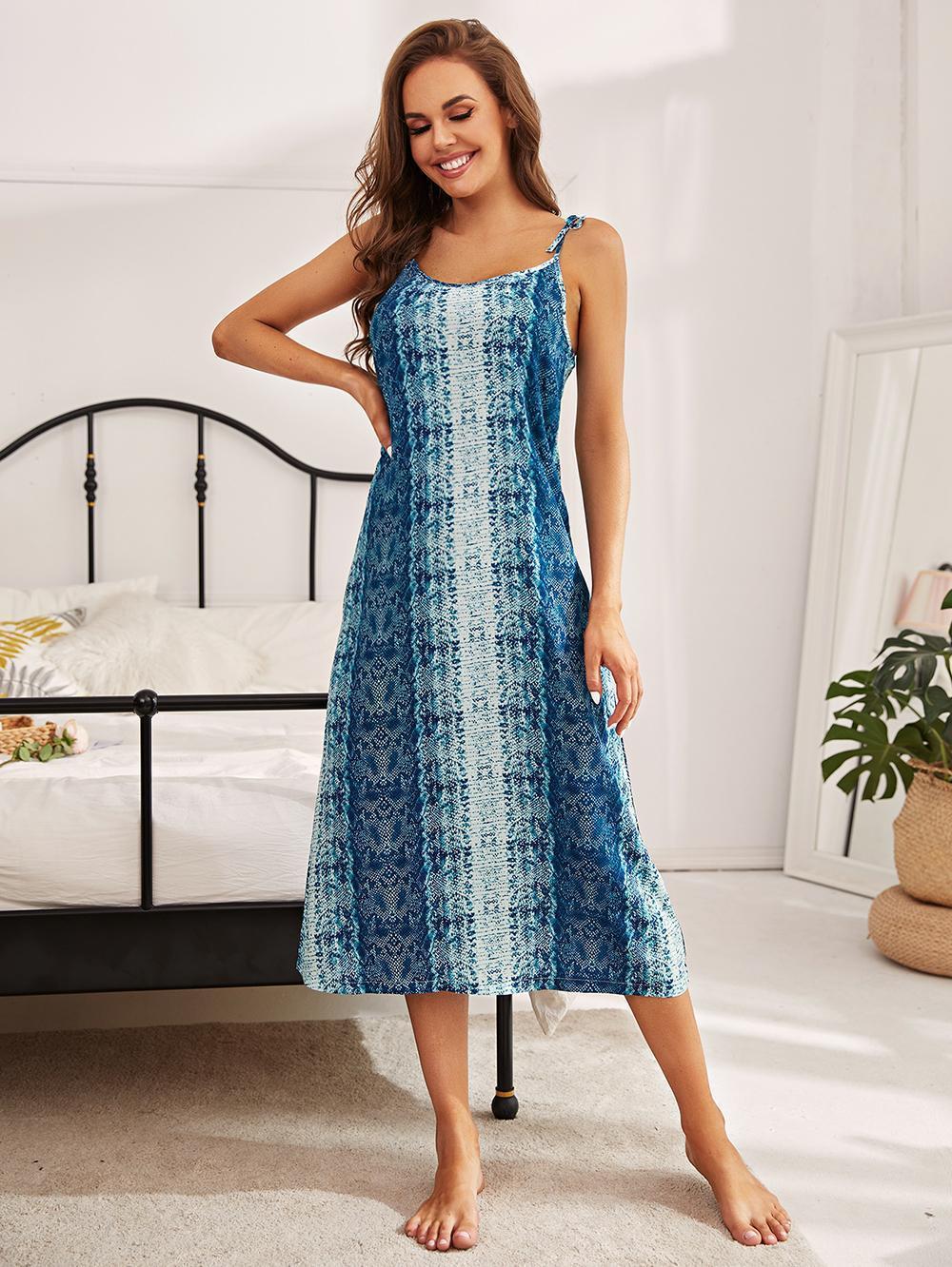 Printed Tie Shoulder Midi Night Dress - NawdeX