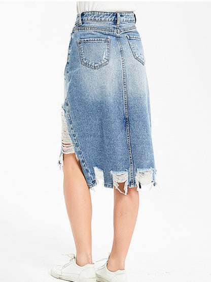 Women's Irregular fringed ripped butt-lifting denim midi skirt - NawdeX