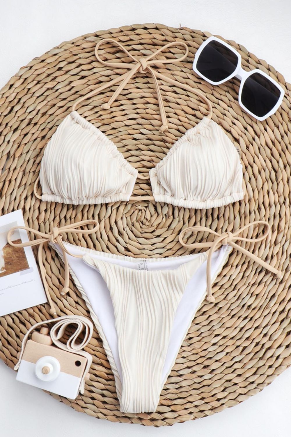 Textured Halter Neck Tied Bikini Set - NawdeX