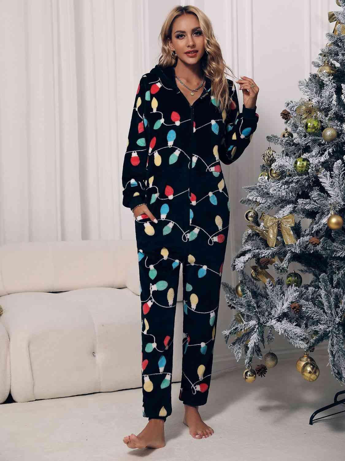 Zip Front Hooded Lounge Jumpsuit with Pockets - NawdeX