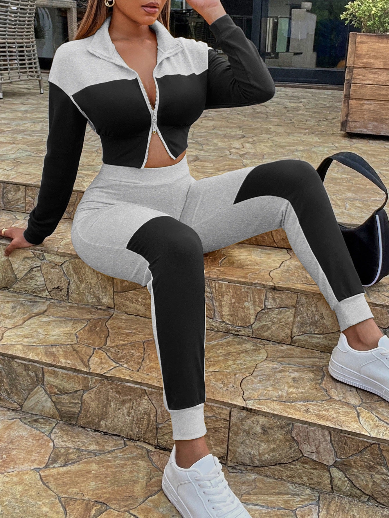 Two-Tone Collared Neck Top and Joggers Set - NawdeX