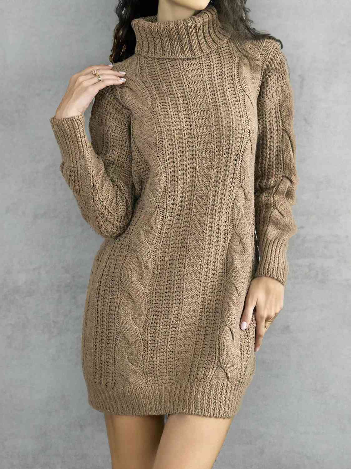 Turtleneck Ribbed Sweater Dress - NawdeX