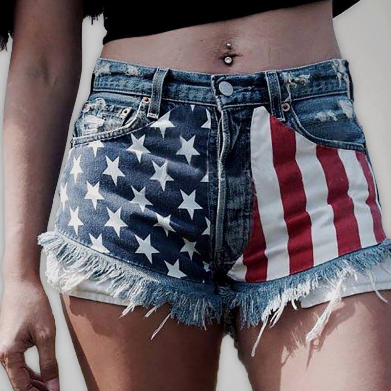 Women's American Flag Fringe Star Print Denim Shorts - NawdeX