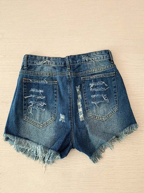 Women's American Flag Fringe Star Print Denim Shorts - NawdeX