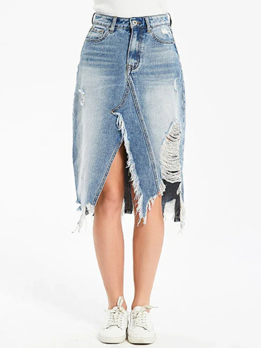 Women's Irregular fringed ripped butt-lifting denim midi skirt - NawdeX