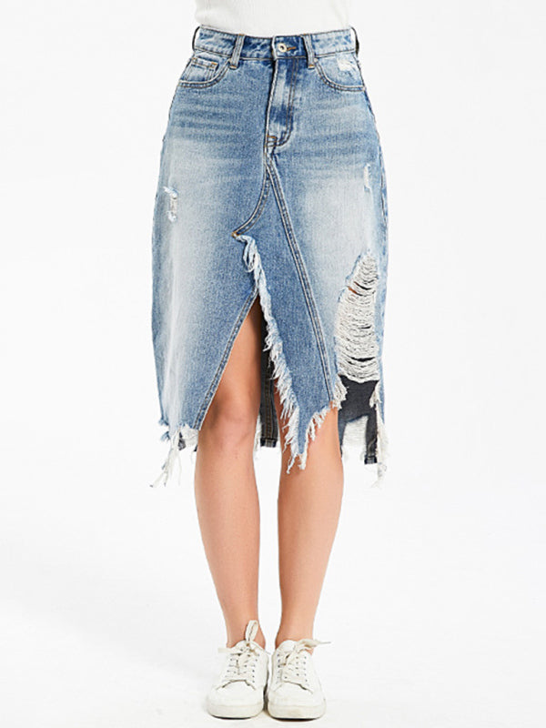 Women's Irregular fringed ripped butt-lifting denim midi skirt - NawdeX