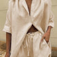 Women's Solid Color ¾ Sleeve Classic Button Front Shirt Matching Short Set - NawdeX