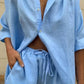 Women's Solid Color ¾ Sleeve Classic Button Front Shirt Matching Short Set - NawdeX