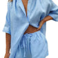 Women's Solid Color ¾ Sleeve Classic Button Front Shirt Matching Short Set - NawdeX