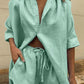 Women's Solid Color ¾ Sleeve Classic Button Front Shirt Matching Short Set - NawdeX
