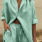Women's Solid Color ¾ Sleeve Classic Button Front Shirt Matching Short Set - NawdeX