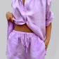 Women's Solid Color ¾ Sleeve Classic Button Front Shirt Matching Short Set - NawdeX