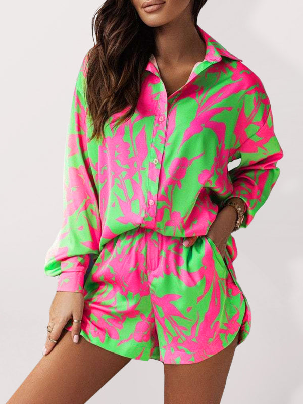 Women's Bright Printed Long Sleeve Notch Collar Top And Short Set - NawdeX