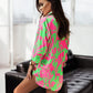 Women's Bright Printed Long Sleeve Notch Collar Top And Short Set - NawdeX