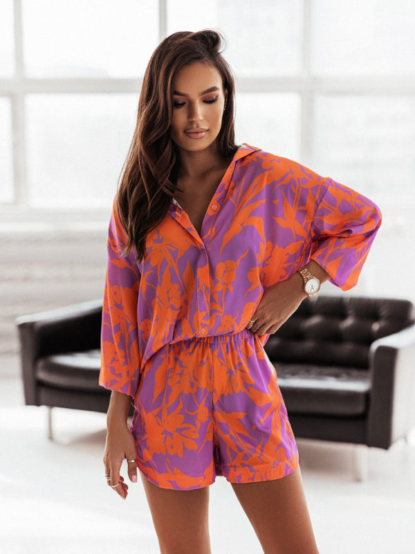 Women's Bright Printed Long Sleeve Notch Collar Top And Short Set - NawdeX