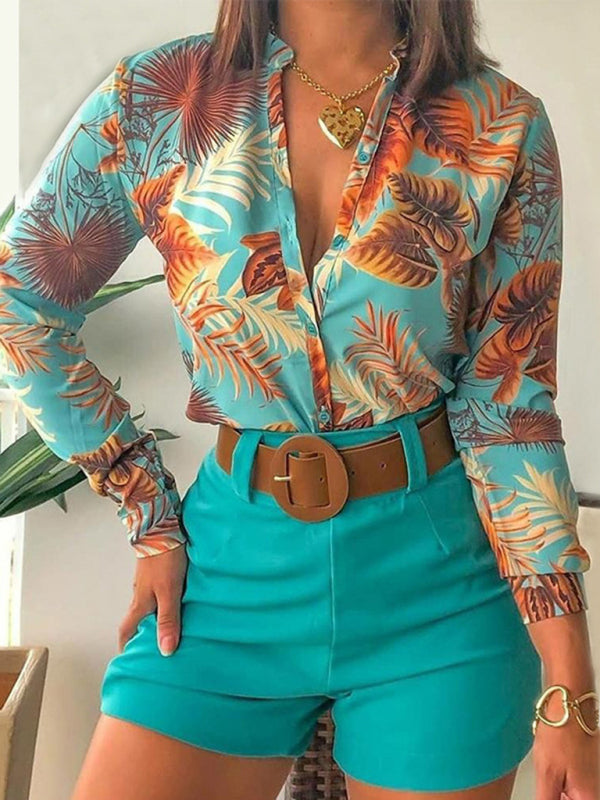 Women's Printed Stand Collar V-neck Long Sleeve Shirt Top With Belted Shorts Set - NawdeX