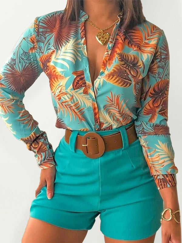 Women's Printed Stand Collar V-neck Long Sleeve Shirt Top With Belted Shorts Set - NawdeX