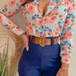 Women's Printed Stand Collar V-neck Long Sleeve Shirt Top With Belted Shorts Set - NawdeX