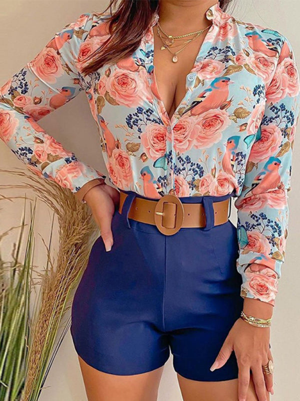 Women's Printed Stand Collar V-neck Long Sleeve Shirt Top With Belted Shorts Set - NawdeX