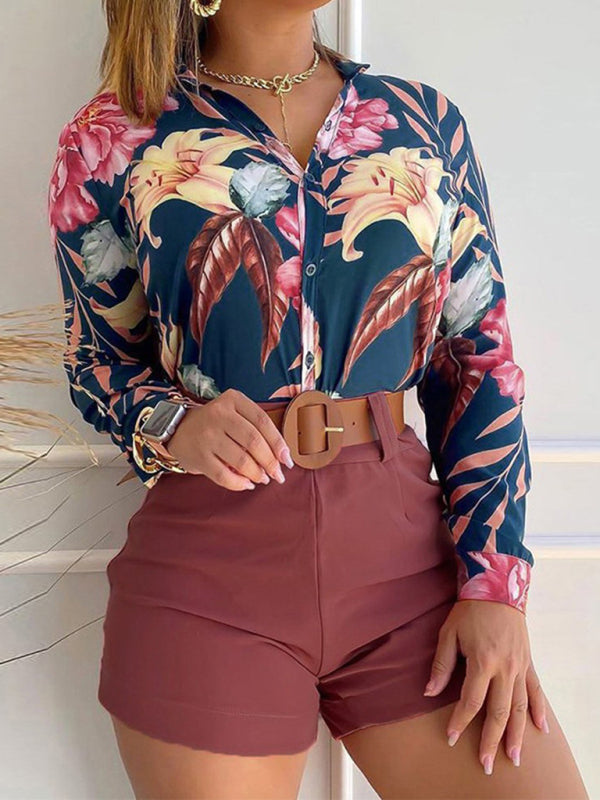 Women's Printed Stand Collar V-neck Long Sleeve Shirt Top With Belted Shorts Set - NawdeX