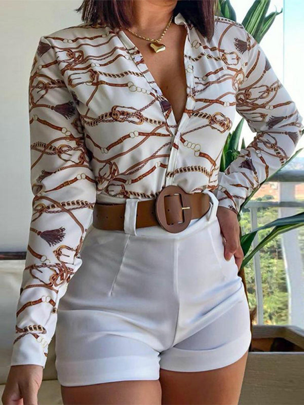 Women's Printed Stand Collar V-neck Long Sleeve Shirt Top With Belted Shorts Set - NawdeX