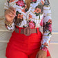 Women's Printed Stand Collar V-neck Long Sleeve Shirt Top With Belted Shorts Set - NawdeX