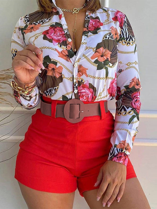 Women's Printed Stand Collar V-neck Long Sleeve Shirt Top With Belted Shorts Set - NawdeX