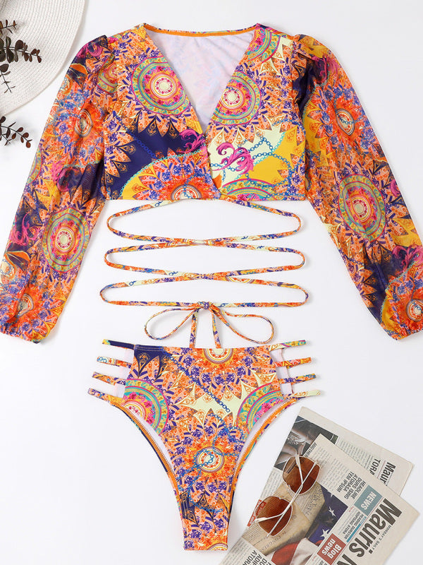 Women's Ethnic Printed Mesh Long Sleeve Bikini Set - NawdeX